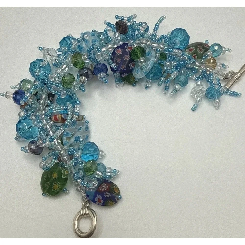 Vintage Murano Millefiori Glass Bead Cluster Bracelet Shaggy Loop Boho Teal Blue